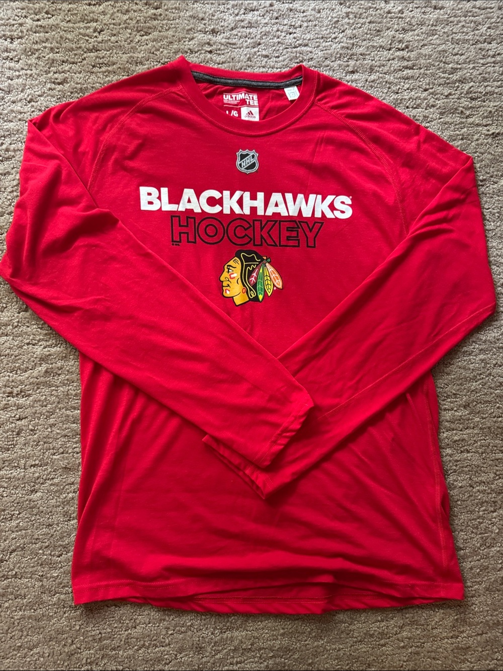 adidas Red Blackhawks Hockey Long Sleeve Tee with Logo